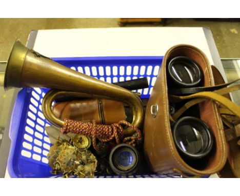 A pair of Ross of London binoculars in carrying case; together with a copper and brass bugle; military buttons etc.