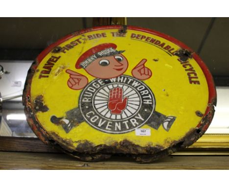 A double sided enamel sign "Travel First Ride The Dependable Bicycle"