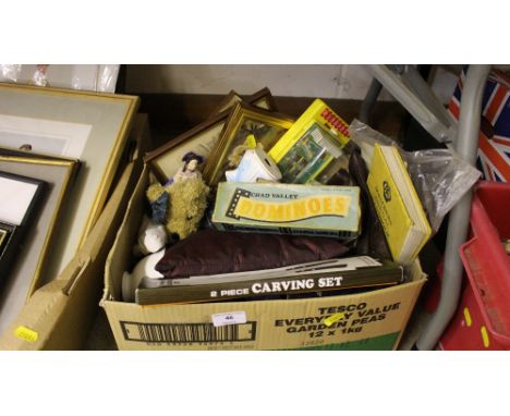 A box containing a Chad Valley domino set; various pictures; figures and sundries 
