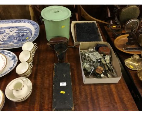 A green enamel bread / flour bin; together with a tray of various cutlery; a camera; a leather folio etc. 