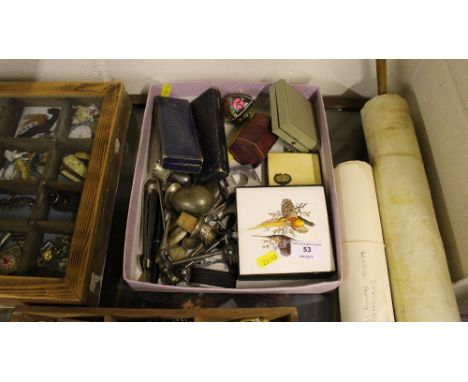 A box containing a lighter, pocket knife, various watch and jewellery boxes;  a pair of knife rests etc. 