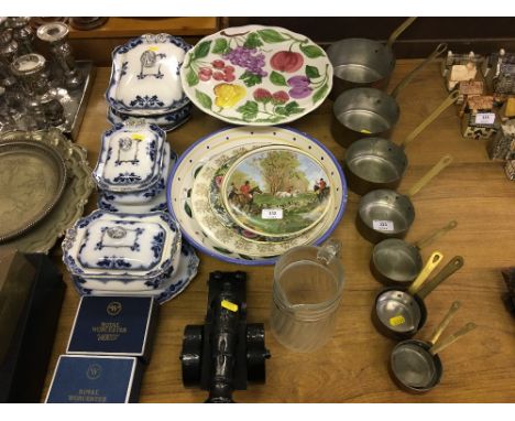 Three Victorian tureens and covers; two Royal Worcester egg coddler's; various decorative plates; a pottery fruit decorated c