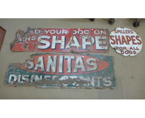 Two vintage Spillers Shapes enamelled advertising signs and a Sanitas sign, a/f 