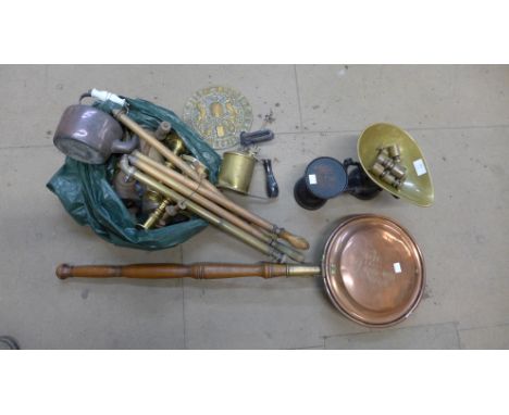 A vintage set of scales and assorted metalware 