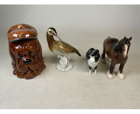 A collection of ceramic animal figures. To include two Beswick animal (collie and horse), a P&amp;K Hound Dog biscuit jar and