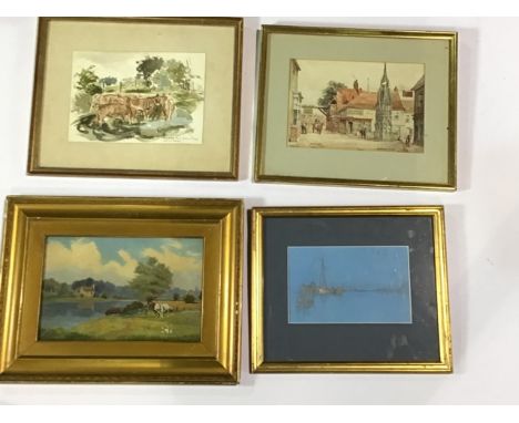 Four framed pictures including pencil sketch, oil on board and 2 watercolours one of which is by F W Morgan - Waltham Cross. 