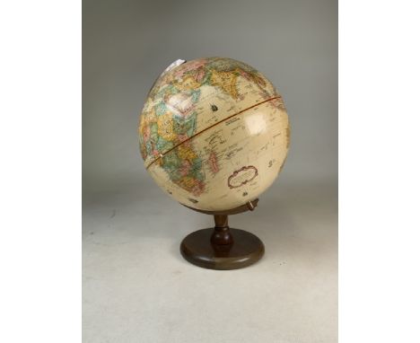 A Replogle Globe with veneered base.  W:17cm x H:16.5cm (base)W: 28cm x H:30cm (globe)H:38cm (entire piece)