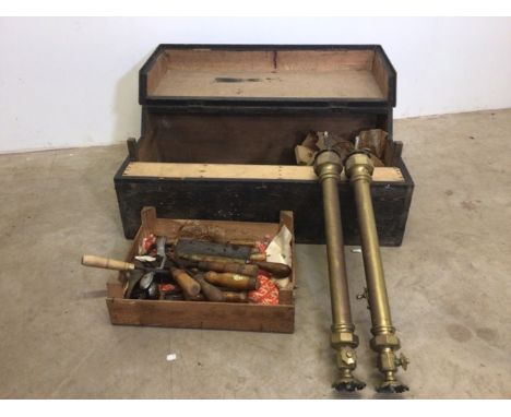 A pine trunk and contents to include Marples and Sons chisels, brass ware and vintage tools. W:77cm x D:47cm x H:27cm