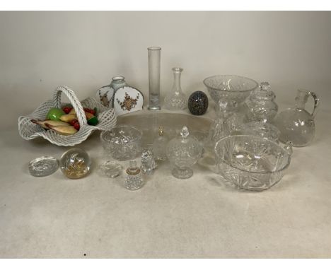 A collection of glassware to include fruit basket, dishes, decanters, Victorian lamp shade and other pieces (AF)