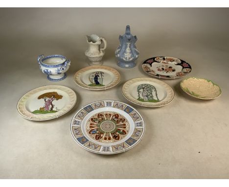 A Wade harvest bowl together with decorative plates by Spode, Palissy, Masons and unmarked jugs