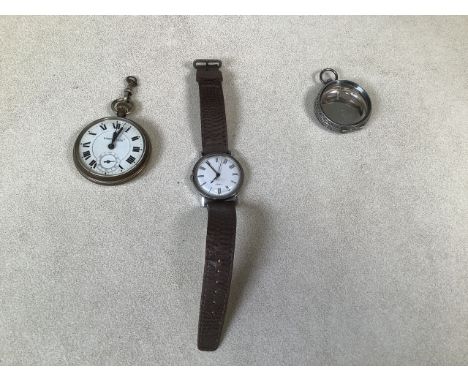 A sterling silver pocket watch case together with a vintage Timex watch and a white metal pocket watch. 