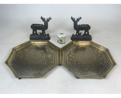 A pair of Islamic style wall plaques together with a pair of cast metal stags and a small ceramic vase decorated with flowers