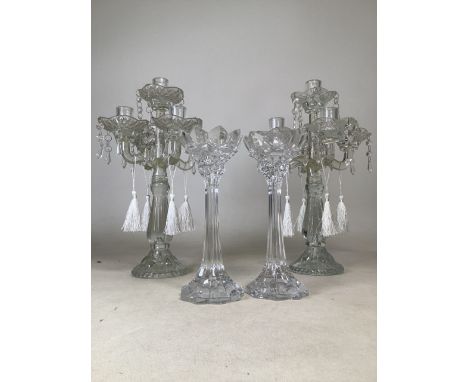 A pair of lead crystal candle sticks Height: 25cm, together with pair of early twentieth century glass drop lustre candelabra