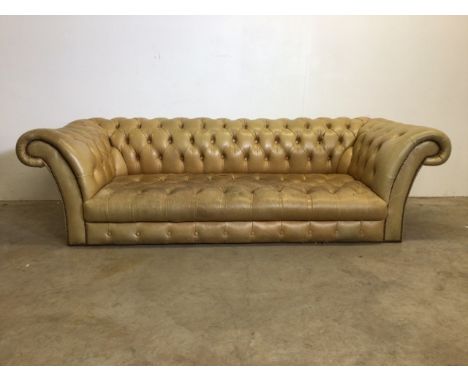 A Chesterfield sofa, windsor mustard leather button backed with studded arms. W:227cm x D:97cm x H:62cm