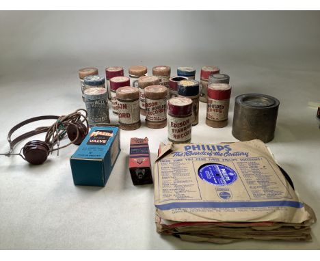 A Collection of seventeen Edison wax cylinders with two boxed radio valves, Bakelite headphones, 78 records and Breakfast tea