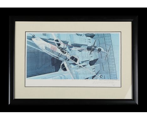 - A framed colour print depicting TIE Fighters shooting at an X-Wing Fighter. Signed by Ralph Mcquarrie in 1997 at the NEC, B