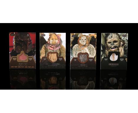 TOPPS - Four film prop trading cards featuring Boba Fett, Widdle Warrick, Ewok and Chewbacca, from the Jedi Legacy series. Fe