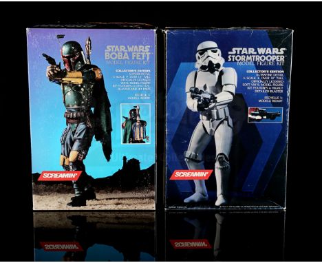 SCREAMIN' - 1:4 scale Stormtrooper and Boba Fett figures. Both model kits are unassembled and come in original boxes. Good. D