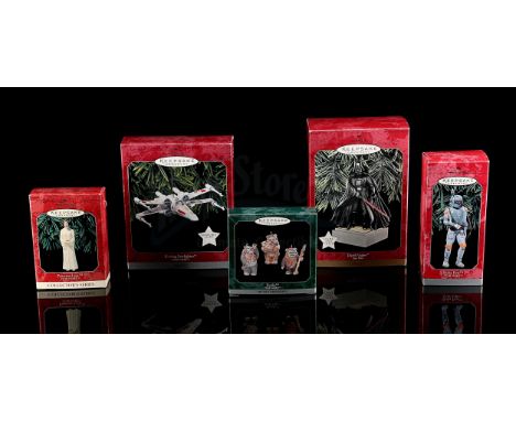 HALLMARK - Set of five keepsake ornaments in original boxes. Includes Princess Leia, Darth Vader, Boba Fett, Ewoks and X-Wing