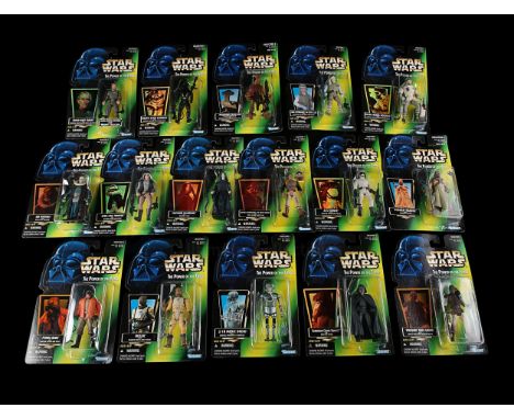 KENNER - Set of sixteen packaged figures from the Power of the Force series. Good - Minor edge wear and creasing. Dimensions: