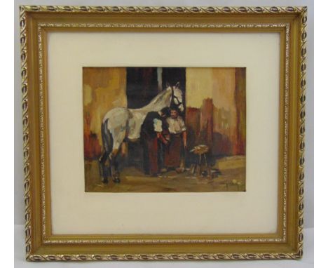 A framed oil on panel of a farrier shoeing a horse in a stable, indistinctly signed bottom right, 17.5 x 22.5cm
