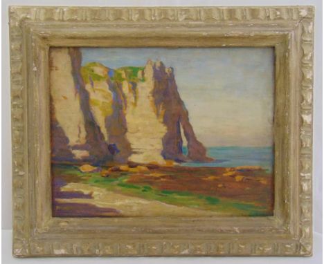 Adele Martin framed oil on panel of seaside cliffs, monogrammed bottom left, 26 x 34.5cm