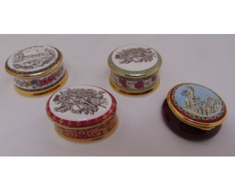 Three porcelain pill and patch boxes and a Staffordshire enamel pill box (4)