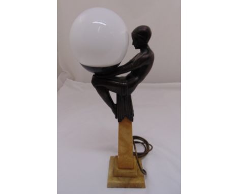An Art Deco lamp stand in the form of a bronzed lady supporting a glass lamp on tapering rectangular column base, 50cm (h)