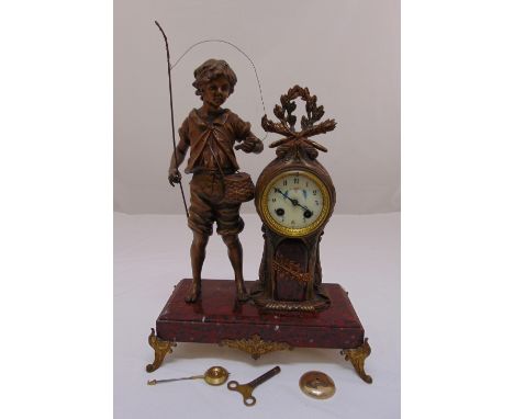 A French 19th century mantle clock, enamel dial, Arabic numerals, two train movement, flanked by a child with fishing rod and