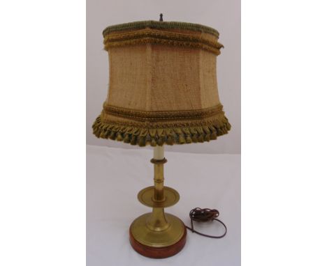 A brass table lamp with circular sections to include shade, 62cm (h)