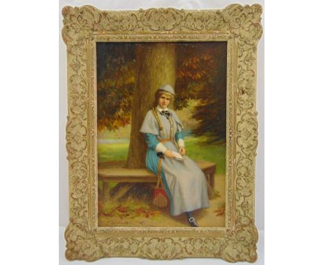 Arthur Langley Vernon (1871-1922) framed oil on panel of a lady seated on a bench, signed bottom left, 35.5 x 25.5cm