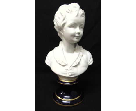 Limoges ceramic bust of a young girl on raised circular socle, 40cm (h)
