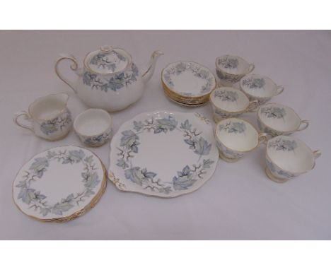 Royal Albert Silver Maple pattern tea set for six place settings to include a teapot, a milk jug, a sugar bowl, a cake plate,