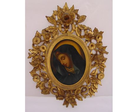 A framed oil on panel of a lady in 18th century style, the frame pierced and carved with flowers and leaves, 19.5 x 15cm imag