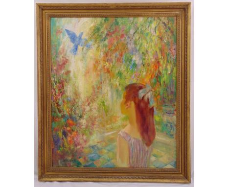 John Strevens 1902-1990 framed oil on panel titled The Blue Bird signed bottom right, details to verso, ARR applies, 84 x 70c