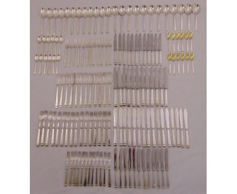 Mappin and Webb silver plated flatware for twelve place settings to include knives, forks, spoons and fish knives and forks