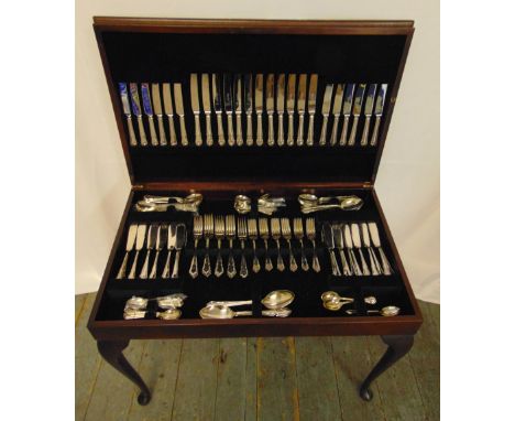 A Dubarry pattern canteen of silver plated flatware for twelve place settings in fitted cabinet