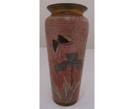A brass and enamel vase decorated with butterflies, flowers and leaves, 25cm (h)