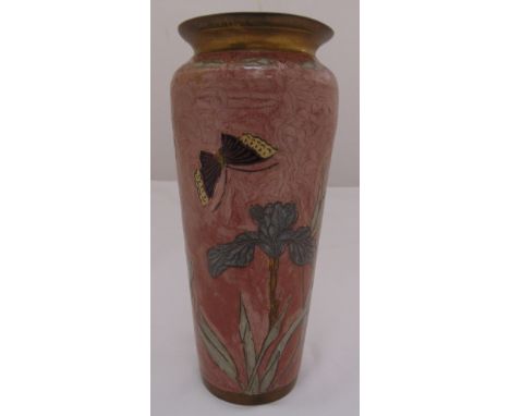 A brass and enamel vase decorated with butterflies, flowers and leaves, 25cm (h)