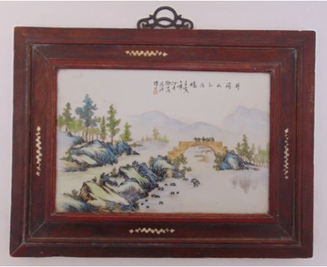 A Chinese Republic period hand painted rectangular porcelain panel of a landscape mounted in hardwood frame, 37 x 48.5cm