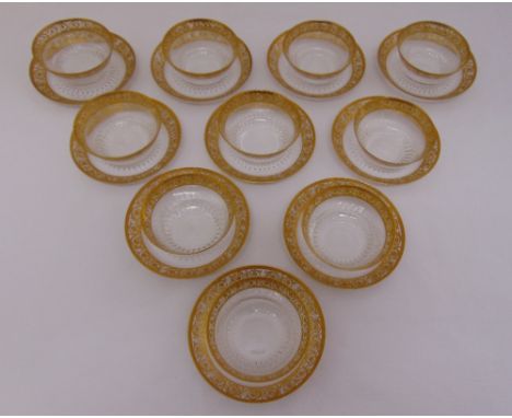 Ten St Louis Thistle Gold crystal ice cream bowls and saucers, etched to the bases