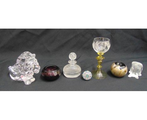 A Salviati Murano goblet, a Lalique figurine A/F, a French glass figurine of a lion, a Regency glass scent bottle, a Moser gl