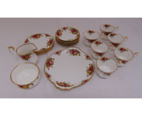 Royal Albert Old Country Roses tea set for six place settings to include a cake plate, plates, cups, saucers, milk jug and su