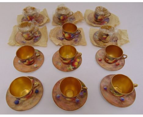 Royal Worcester fallen fruit W9535 cabinet cups and saucers for twelve decorated with fruit and gilding, signed R Cox (24)