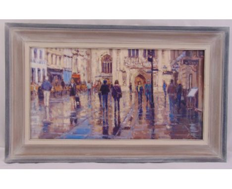 D. Farren framed oil on panel titled Sunlit Reflections Bath Abbey, signed bottom right, ARR applies, 30 x 58cm
