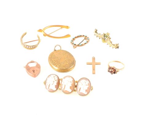 A collection of Victorian and later gold jewellery, a yellow metal fox mask and cross tie pin in fitted box Boodle &amp; Dunt