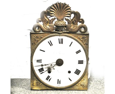 French brass faced metal cased wall clock, white enamel dial signed Jn Roche a Thiers, double weight driven movement, 42cm hi