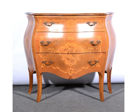 An Italian reproduction marquetry bombe-shape commode, fitted with three drawers, width 94cm.