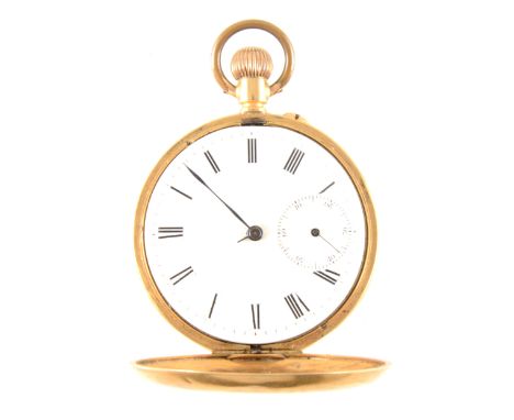 An 18 carat yellow gold demi hunter pocket watch, the white enamel dial having a roman numeral chapter ring and subsidiary se