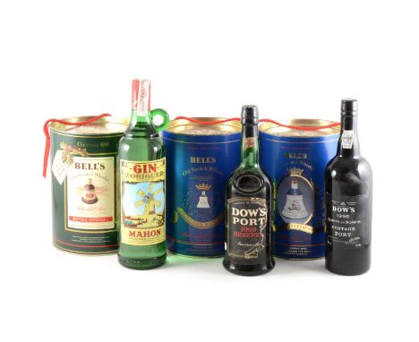 Dow's Port 1969 Reserve 70cl; Dow's 1996 Quinta do Bomfim Vintage Port 75cl; Mahon Gin 100cl; three Whisky Bells in original 